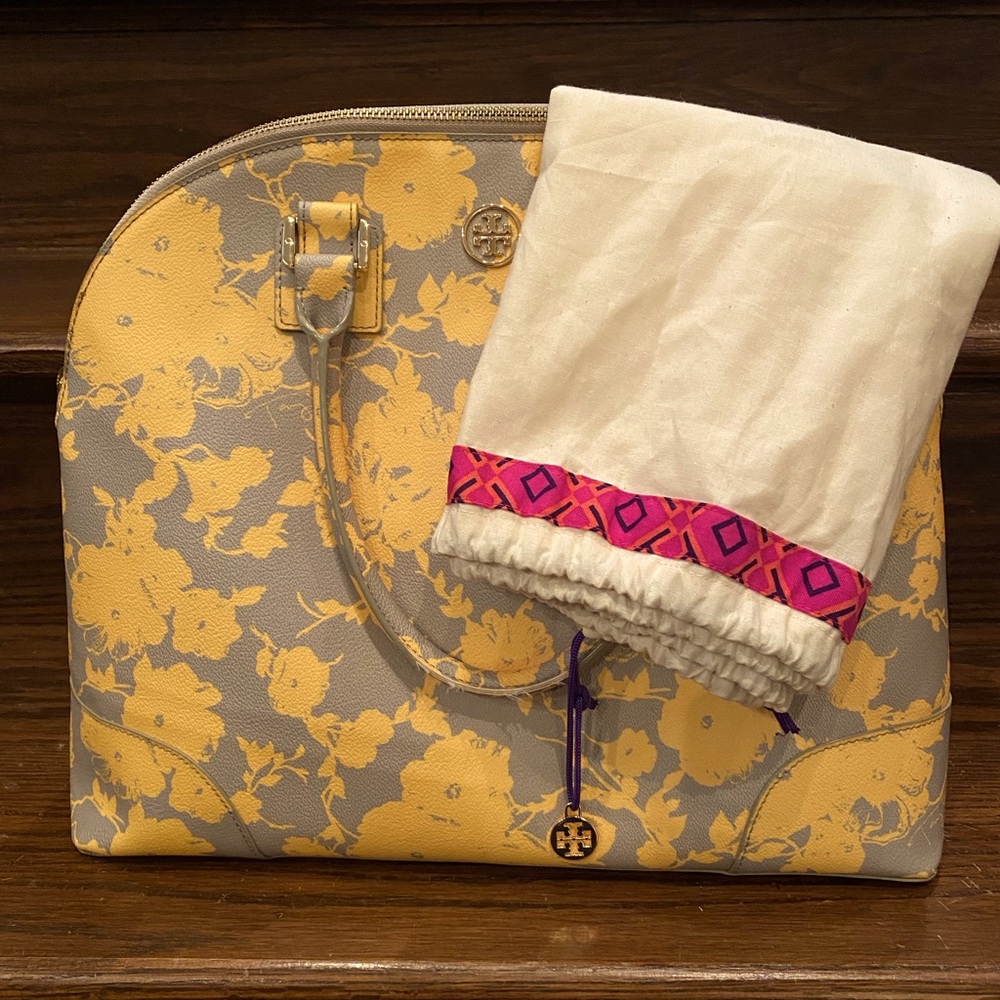 Tory Burch yellow and gray floral dome satchel